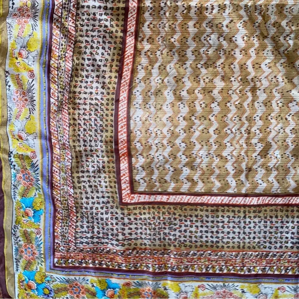 Johnny Was $110 Silk Boho Brown Gold Turquoise Block Print Tassel Scarf EUC